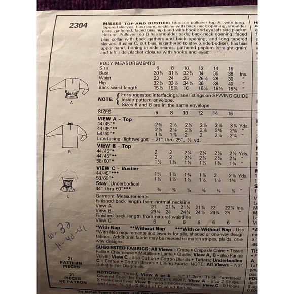 McCalls Sewing pattern 2304 bat wing blouse top sz 14 - Picture 4 of 5